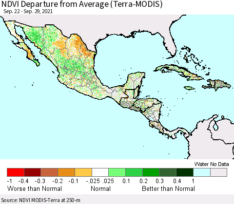 Mexico Central America and the Caribbean NDVI Departure from Average (Terra-MODIS) Thematic Map For 9/22/2021 - 9/29/2021