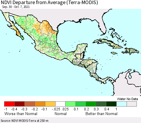 Mexico Central America and the Caribbean NDVI Departure from Average (Terra-MODIS) Thematic Map For 9/30/2021 - 10/7/2021