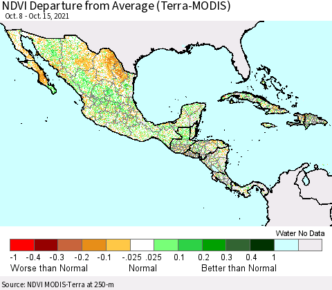 Mexico Central America and the Caribbean NDVI Departure from Average (Terra-MODIS) Thematic Map For 10/8/2021 - 10/15/2021