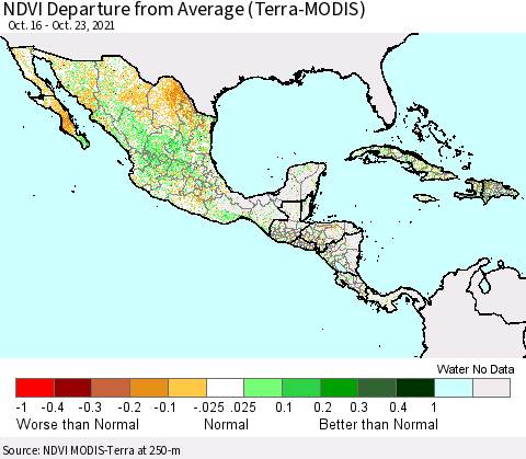 Mexico Central America and the Caribbean NDVI Departure from Average (Terra-MODIS) Thematic Map For 10/16/2021 - 10/23/2021