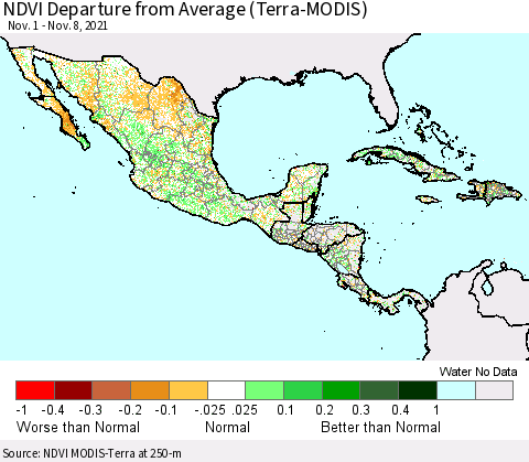 Mexico Central America and the Caribbean NDVI Departure from Average (Terra-MODIS) Thematic Map For 11/1/2021 - 11/8/2021