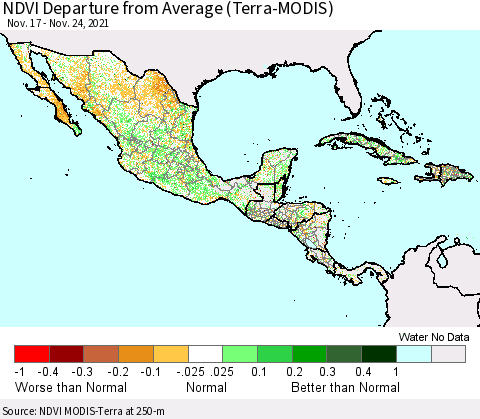 Mexico Central America and the Caribbean NDVI Departure from Average (Terra-MODIS) Thematic Map For 11/17/2021 - 11/24/2021