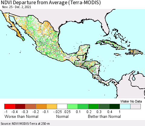 Mexico Central America and the Caribbean NDVI Departure from Average (Terra-MODIS) Thematic Map For 11/25/2021 - 12/2/2021