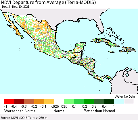 Mexico Central America and the Caribbean NDVI Departure from Average (Terra-MODIS) Thematic Map For 12/3/2021 - 12/10/2021