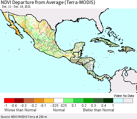 Mexico Central America and the Caribbean NDVI Departure from Average (Terra-MODIS) Thematic Map For 12/11/2021 - 12/18/2021