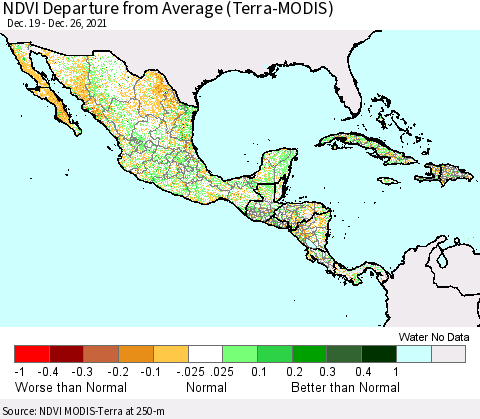Mexico Central America and the Caribbean NDVI Departure from Average (Terra-MODIS) Thematic Map For 12/19/2021 - 12/26/2021