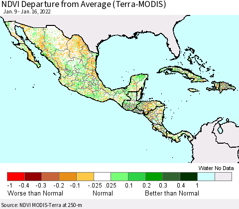 Mexico Central America and the Caribbean NDVI Departure from Average (Terra-MODIS) Thematic Map For 1/9/2022 - 1/16/2022