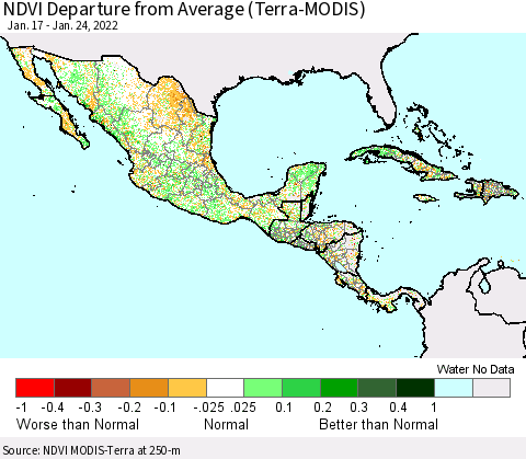 Mexico Central America and the Caribbean NDVI Departure from Average (Terra-MODIS) Thematic Map For 1/17/2022 - 1/24/2022