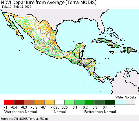 Mexico Central America and the Caribbean NDVI Departure from Average (Terra-MODIS) Thematic Map For 2/10/2022 - 2/17/2022