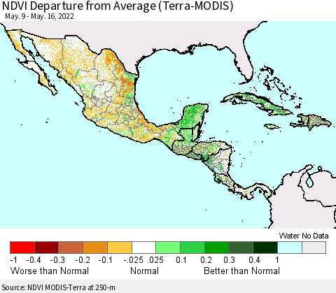 Mexico Central America and the Caribbean NDVI Departure from Average (Terra-MODIS) Thematic Map For 5/9/2022 - 5/16/2022