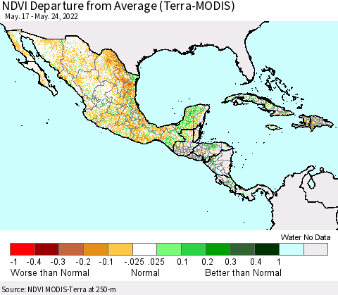 Mexico Central America and the Caribbean NDVI Departure from Average (Terra-MODIS) Thematic Map For 5/17/2022 - 5/24/2022