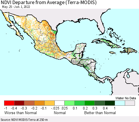 Mexico Central America and the Caribbean NDVI Departure from Average (Terra-MODIS) Thematic Map For 5/25/2022 - 6/1/2022
