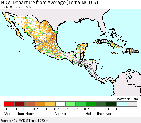 Mexico Central America and the Caribbean NDVI Departure from Average (Terra-MODIS) Thematic Map For 6/10/2022 - 6/17/2022
