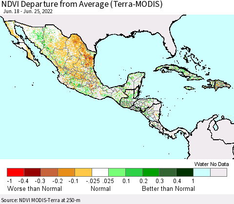 Mexico Central America and the Caribbean NDVI Departure from Average (Terra-MODIS) Thematic Map For 6/18/2022 - 6/25/2022