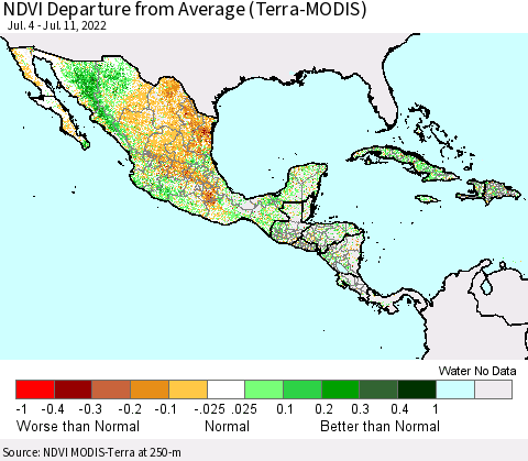 Mexico Central America and the Caribbean NDVI Departure from Average (Terra-MODIS) Thematic Map For 7/4/2022 - 7/11/2022