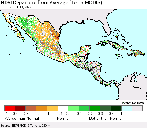 Mexico Central America and the Caribbean NDVI Departure from Average (Terra-MODIS) Thematic Map For 7/12/2022 - 7/19/2022