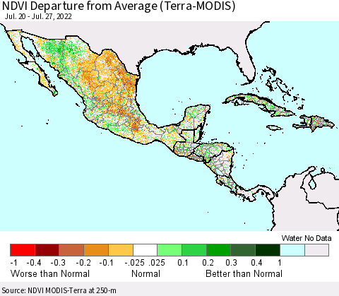 Mexico Central America and the Caribbean NDVI Departure from Average (Terra-MODIS) Thematic Map For 7/20/2022 - 7/27/2022
