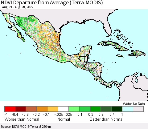 Mexico Central America and the Caribbean NDVI Departure from Average (Terra-MODIS) Thematic Map For 8/21/2022 - 8/28/2022