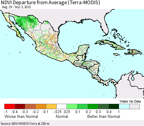 Mexico Central America and the Caribbean NDVI Departure from Average (Terra-MODIS) Thematic Map For 8/29/2022 - 9/5/2022