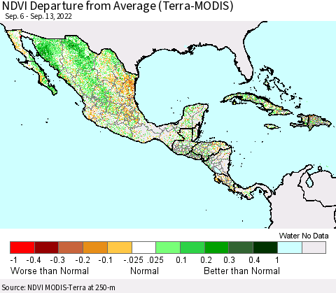 Mexico Central America and the Caribbean NDVI Departure from Average (Terra-MODIS) Thematic Map For 9/6/2022 - 9/13/2022
