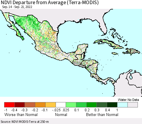 Mexico Central America and the Caribbean NDVI Departure from Average (Terra-MODIS) Thematic Map For 9/14/2022 - 9/21/2022