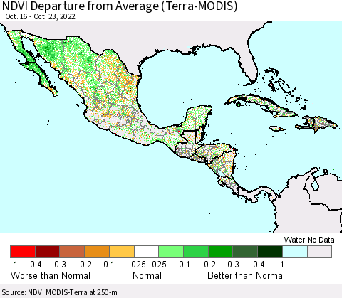 Mexico Central America and the Caribbean NDVI Departure from Average (Terra-MODIS) Thematic Map For 10/16/2022 - 10/23/2022