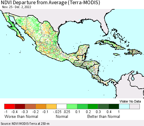 Mexico Central America and the Caribbean NDVI Departure from Average (Terra-MODIS) Thematic Map For 11/25/2022 - 12/2/2022