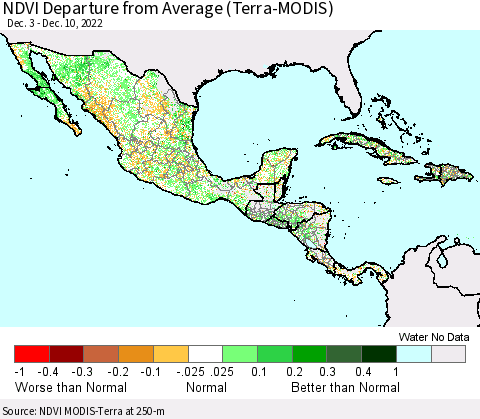 Mexico Central America and the Caribbean NDVI Departure from Average (Terra-MODIS) Thematic Map For 12/3/2022 - 12/10/2022