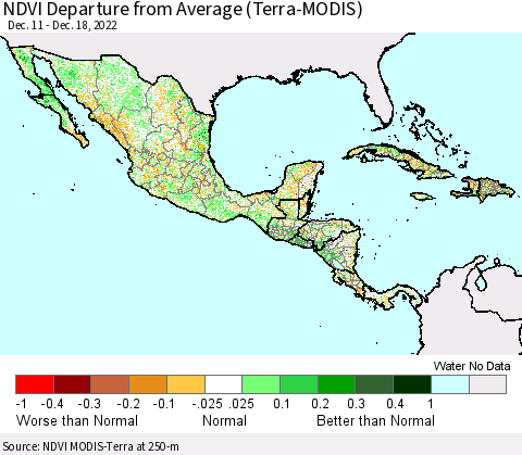 Mexico Central America and the Caribbean NDVI Departure from Average (Terra-MODIS) Thematic Map For 12/11/2022 - 12/18/2022