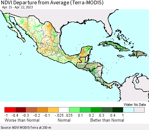 Mexico Central America and the Caribbean NDVI Departure from Average (Terra-MODIS) Thematic Map For 4/15/2023 - 4/22/2023