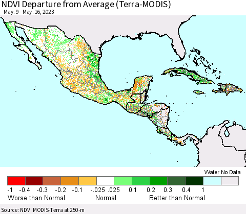 Mexico Central America and the Caribbean NDVI Departure from Average (Terra-MODIS) Thematic Map For 5/9/2023 - 5/16/2023