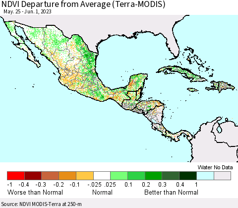 Mexico Central America and the Caribbean NDVI Departure from Average (Terra-MODIS) Thematic Map For 5/25/2023 - 6/1/2023