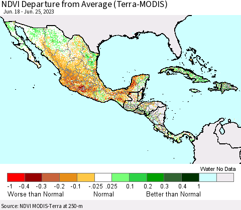 Mexico Central America and the Caribbean NDVI Departure from Average (Terra-MODIS) Thematic Map For 6/18/2023 - 6/25/2023