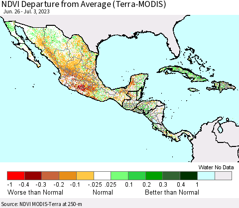 Mexico Central America and the Caribbean NDVI Departure from Average (Terra-MODIS) Thematic Map For 6/26/2023 - 7/3/2023