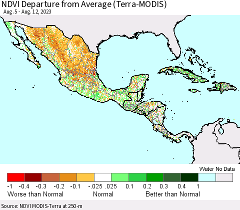 Mexico Central America and the Caribbean NDVI Departure from Average (Terra-MODIS) Thematic Map For 8/5/2023 - 8/12/2023