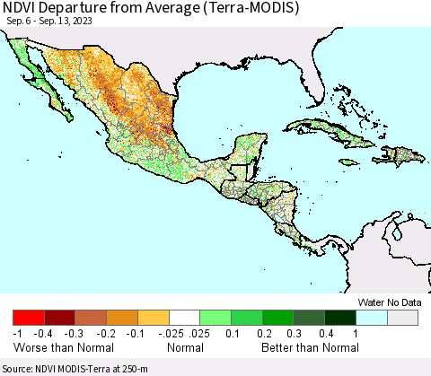Mexico Central America and the Caribbean NDVI Departure from Average (Terra-MODIS) Thematic Map For 9/6/2023 - 9/13/2023