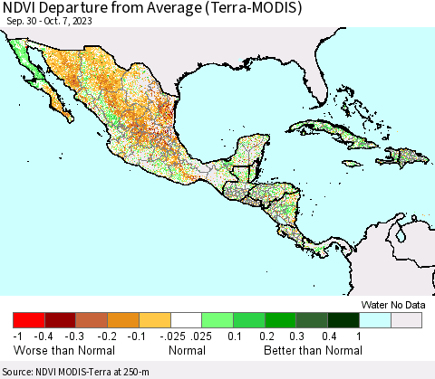 Mexico Central America and the Caribbean NDVI Departure from Average (Terra-MODIS) Thematic Map For 9/30/2023 - 10/7/2023