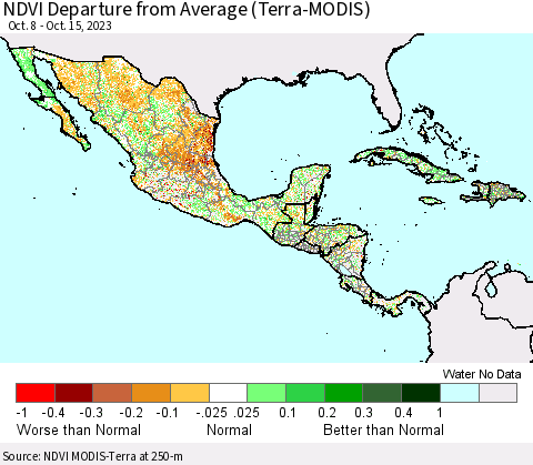 Mexico Central America and the Caribbean NDVI Departure from Average (Terra-MODIS) Thematic Map For 10/8/2023 - 10/15/2023
