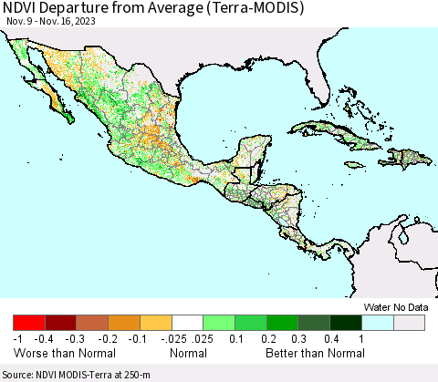 Mexico Central America and the Caribbean NDVI Departure from Average (Terra-MODIS) Thematic Map For 11/9/2023 - 11/16/2023