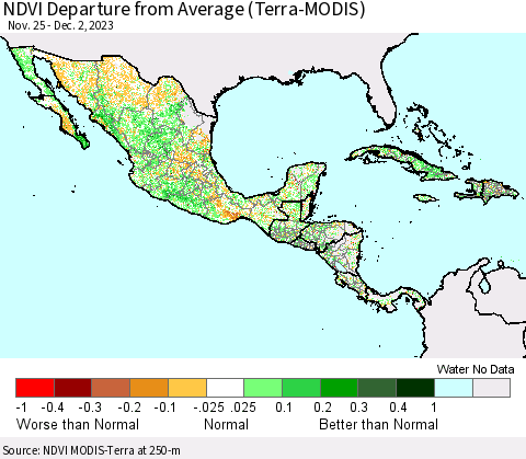 Mexico Central America and the Caribbean NDVI Departure from Average (Terra-MODIS) Thematic Map For 11/25/2023 - 12/2/2023