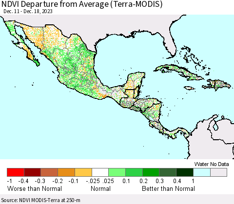 Mexico Central America and the Caribbean NDVI Departure from Average (Terra-MODIS) Thematic Map For 12/11/2023 - 12/18/2023