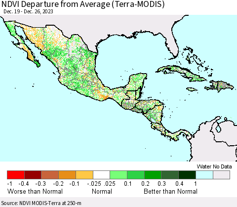 Mexico Central America and the Caribbean NDVI Departure from Average (Terra-MODIS) Thematic Map For 12/19/2023 - 12/26/2023