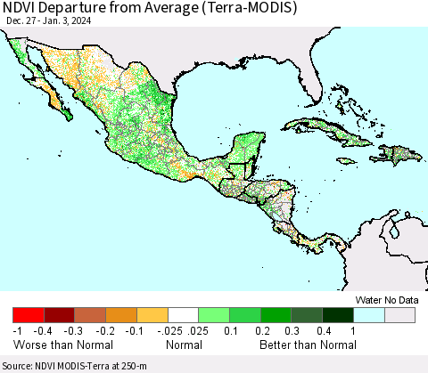 Mexico Central America and the Caribbean NDVI Departure from Average (Terra-MODIS) Thematic Map For 12/27/2023 - 1/3/2024