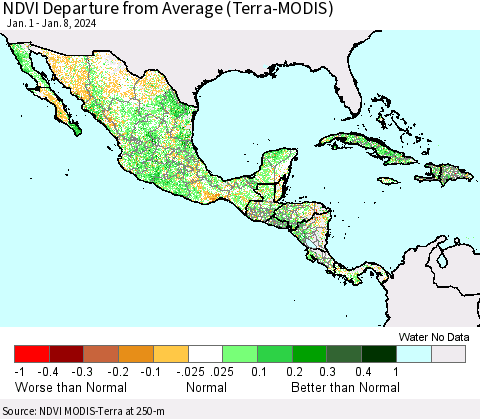 Mexico Central America and the Caribbean NDVI Departure from Average (Terra-MODIS) Thematic Map For 1/1/2024 - 1/8/2024