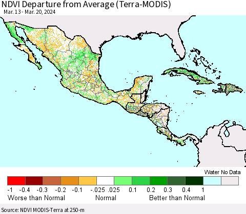 Mexico Central America and the Caribbean NDVI Departure from Average (Terra-MODIS) Thematic Map For 3/13/2024 - 3/20/2024