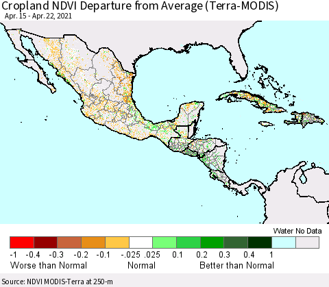 Mexico Central America and the Caribbean Cropland NDVI Departure from Average (Terra-MODIS) Thematic Map For 4/15/2021 - 4/22/2021