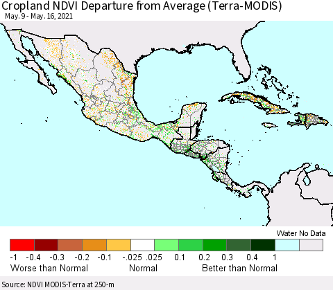 Mexico Central America and the Caribbean Cropland NDVI Departure from Average (Terra-MODIS) Thematic Map For 5/9/2021 - 5/16/2021