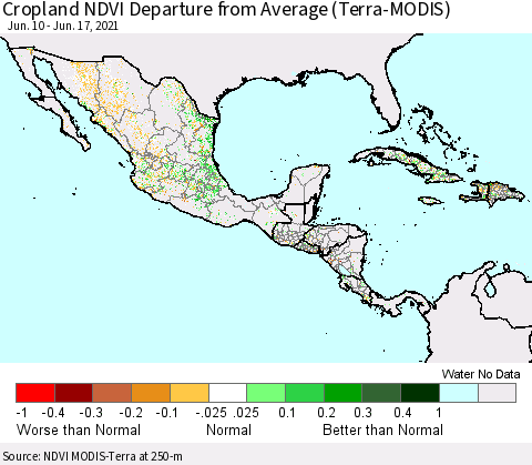 Mexico Central America and the Caribbean Cropland NDVI Departure from Average (Terra-MODIS) Thematic Map For 6/10/2021 - 6/17/2021