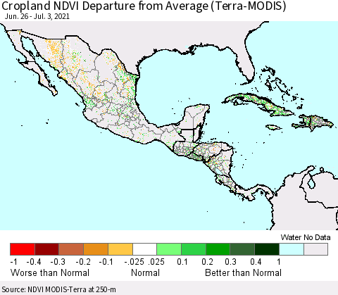 Mexico Central America and the Caribbean Cropland NDVI Departure from Average (Terra-MODIS) Thematic Map For 6/26/2021 - 7/3/2021
