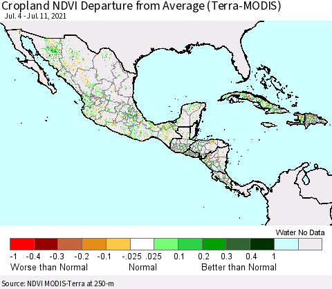 Mexico Central America and the Caribbean Cropland NDVI Departure from Average (Terra-MODIS) Thematic Map For 7/4/2021 - 7/11/2021